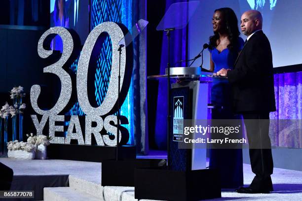 Deshauna Barber, Miss USA 2016, and actor Darryl Bell speak at theThurgood Marshall College Fund 30th Anniversary Awards Gala on October 23, 2017 in...