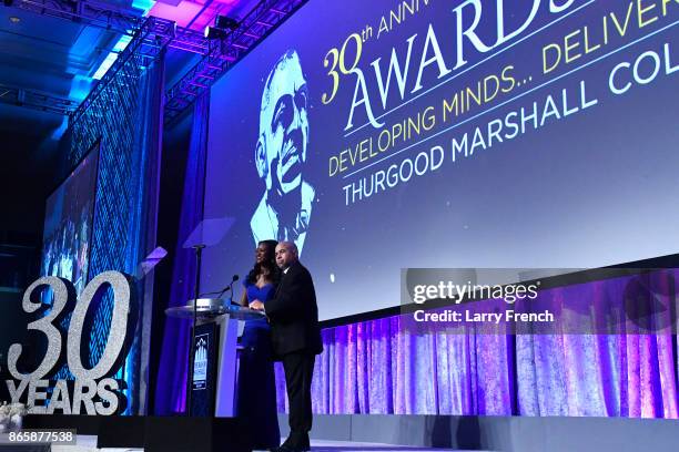 Deshauna Barber, Miss USA 2016, and actor Darryl Bell speak at theThurgood Marshall College Fund 30th Anniversary Awards Gala on October 23, 2017 in...