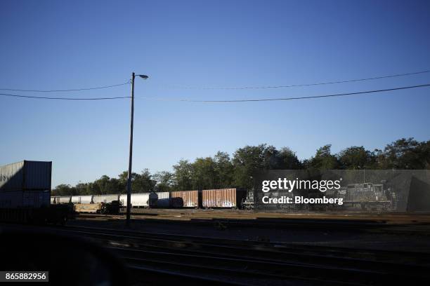 Norfolk Southern Corp. Freight train sits parked in a rail yard in Danville, Kentucky, U.S., on Tuesday, Oct. 17, 2017. Norfolk Southern Corp. Is...