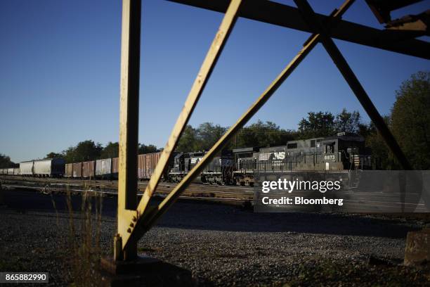 Norfolk Southern Corp. Freight train sits parked in a rail yard in Danville, Kentucky, U.S., on Tuesday, Oct. 17, 2017. Norfolk Southern Corp. Is...