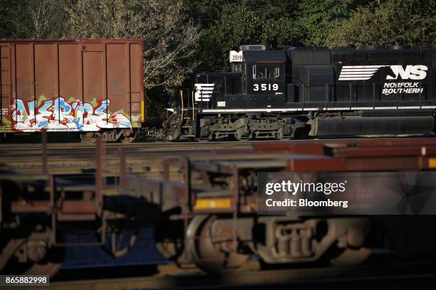 Norfolk Southern Corp. EMD SD40-2 railroad locomotive hooks up to a freight train in Danville, Kentucky, U.S., on Tuesday, Oct. 17, 2017. Norfolk...