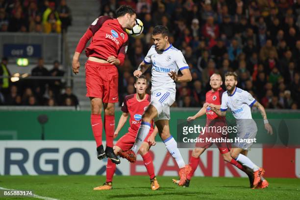 Franco Di Santo of Schalke scores his team's first goal during the DFB Cup match between SV Wehen Wiesbaden and FC Schalke 04 at BRITA-Arena on...