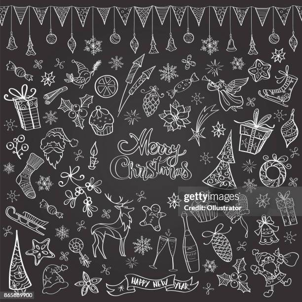 hand gezeichnet tafel weihnachts doodles - weihnachtsgirlande stock-grafiken, -clipart, -cartoons und -symbole