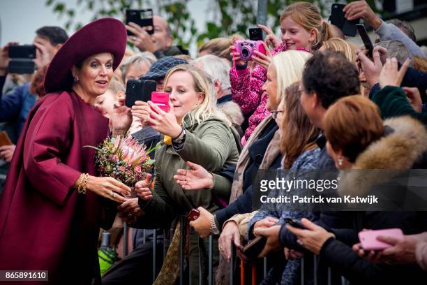 Queen Maxima of The Netherlands visits farm Het Gagelgat during there region visit to Eemland on October 24, 2017 in Eemdijk, Netherlands.