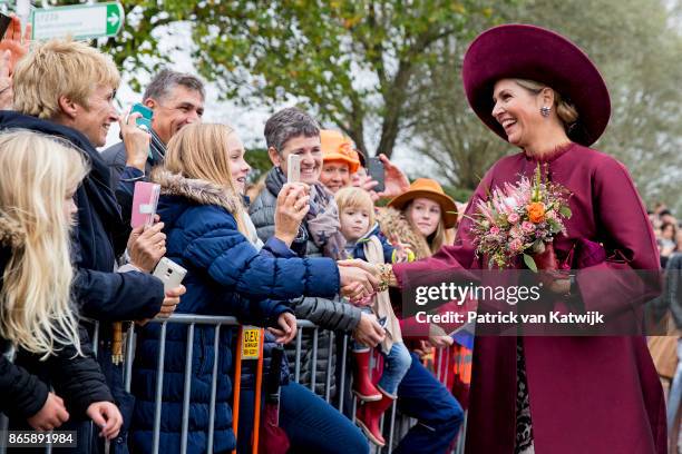 Queen Maxima of The Netherlands visits farm Het Gagelgat during there region visit to Eemland on October 24, 2017 in Eemdijk, Netherlands.