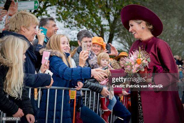 Queen Maxima of The Netherlands visits farm Het Gagelgat during there region visit to Eemland on October 24, 2017 in Eemdijk, Netherlands.