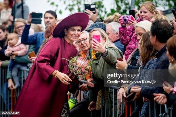 Queen Maxima of The Netherlands visits farm Het Gagelgat during there region visit to Eemland on October 24, 2017 in Eemdijk, Netherlands.