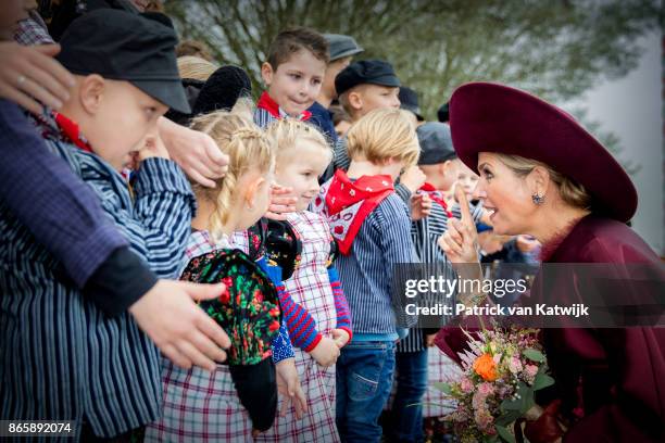 Queen Maxima of The Netherlands visits farm Het Gagelgat during there region visit to Eemland on October 24, 2017 in Eemdijk, Netherlands.