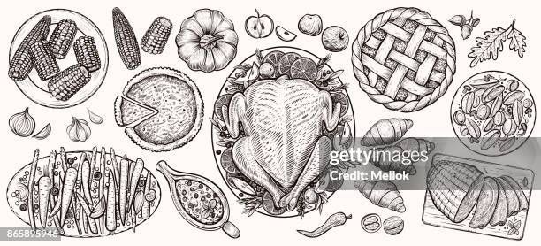 thanksgiving dinner, top view. food vector realistic illustrations. - baked potato stock illustrations
