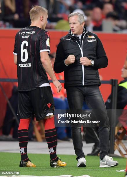 Kristian Pedersen and coach Jens Keller of 1 FC Union Berlin during the game between Bayer 04 Leverkusen and Union Berlin on october 24, 2017 in...