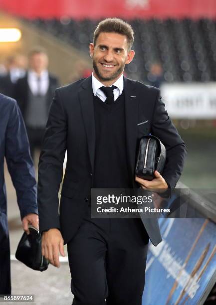 Angel Rangel of Swansea City arrives prior to the game during the Carabao Cup Fourth Round match between Swansea City and Manchester United at The...
