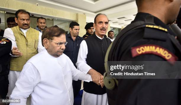 Congress Ghulam Nabi Azad and rebel JD leader Sharad Yadav during Press Conference at Speakers Hall, Constitution Club, on October 24, 2017 in New...