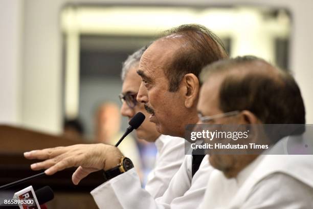 TMCs Derek OBrien , Congress Ghulam Nabi Azad and rebel JD leader Sharad Yadav during Press Conference at Speakers Hall, Constitution Club, on...