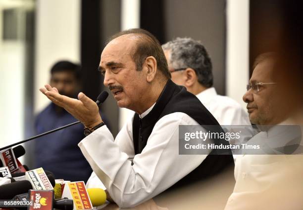 TMCs Derek OBrien , Congress Ghulam Nabi Azad and rebel JD leader Sharad Yadav during Press Conference at Speakers Hall, Constitution Club, on...