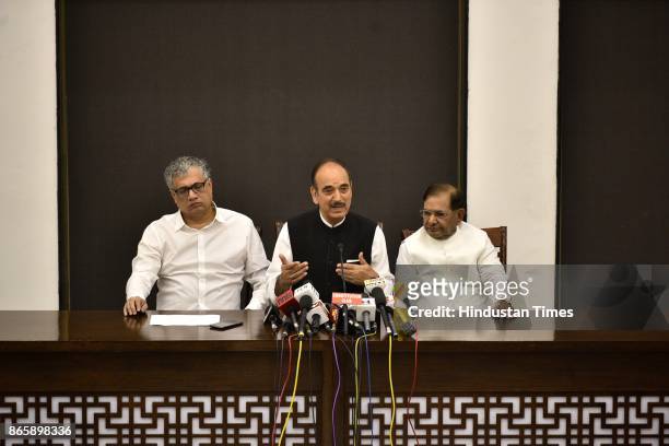 TMCs Derek OBrien , Congress Ghulam Nabi Azad and rebel JD leader Sharad Yadav during Press Conference at Speakers Hall, Constitution Club, on...