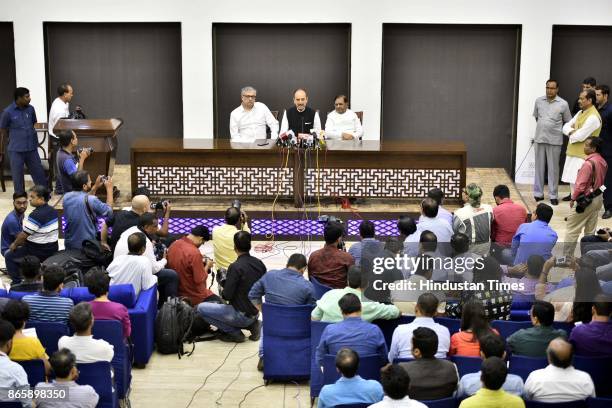 TMCs Derek OBrien , Congress Ghulam Nabi Azad and rebel JD leader Sharad Yadav during Press Conference at Speakers Hall, Constitution Club, on...