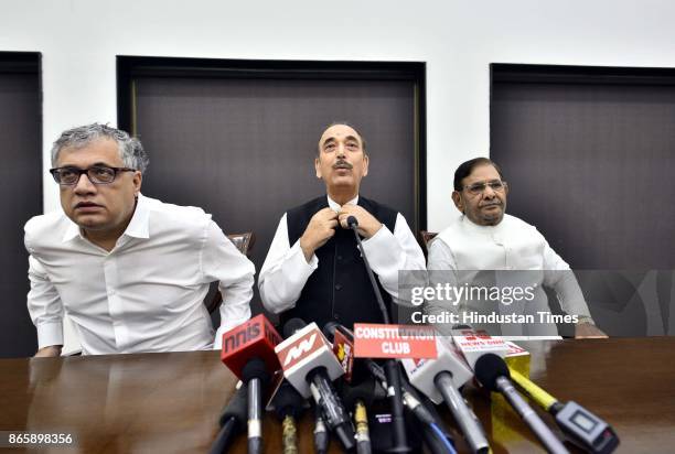 TMCs Derek OBrien , Congress Ghulam Nabi Azad and rebel JD leader Sharad Yadav during Press Conference at speakers hall, Constitution Club, on...