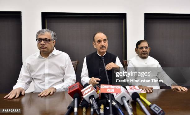 TMCs Derek OBrien , Congress Ghulam Nabi Azad and rebel JD leader Sharad Yadav during Press Conference at speakers hall, Constitution Club, on...