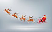 Merry Christmas, Santa Claus drives sleigh reindeer isolated, vector illustration