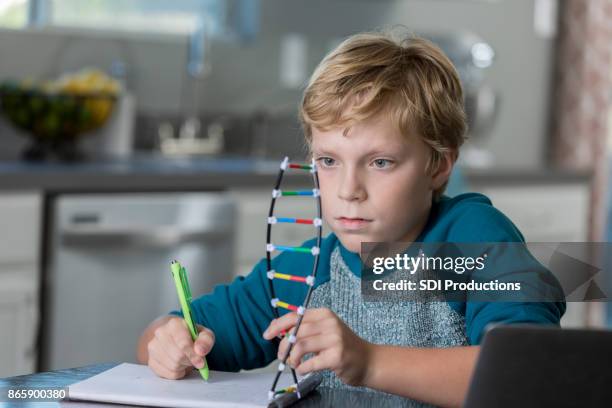 jongen concentreert zich tijdens het werken aan wetenschap huiswerk - home base stockfoto's en -beelden