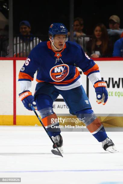 Nikolay Kulemin of the New York Islanders skates against the Buffalo Sabres at Barclays Center on October 7, 2017 in New York City. New York...