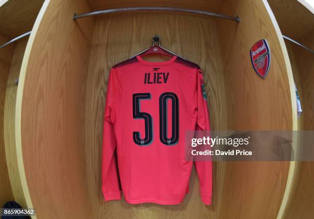 Dejan Iliev's Arsenal shirt in the changing room before the Carabao Cup Fourth Round match match between Arsenal and Norwich City at Emirates Stadium...