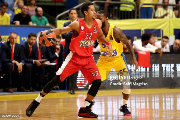 Brian Roberts, #22 of Olympiacos Piraeus in action during the 2017/2018 Turkish Airlines EuroLeague Regular Season Round 3 game between Maccabi Fox...