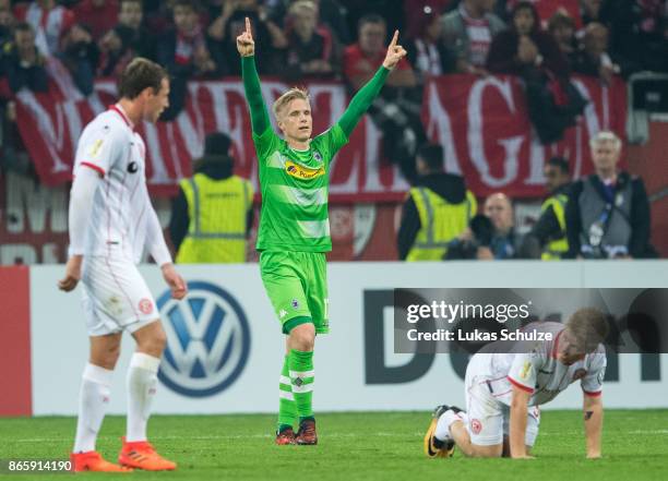 Oscar Wendt of Moenchengladbach celebrates after winning the DFB Cup match between Fortuna Duesseldorf and Borussia Moenchengladbach at Esprit-Arena...