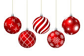Red christmas balls with different patterns