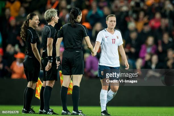 Referee Jana Adamkova, Kristine Minde of Norway during the FIFA Women's World Cup 2019 qualifying match between The Netherlands and Norway at the...