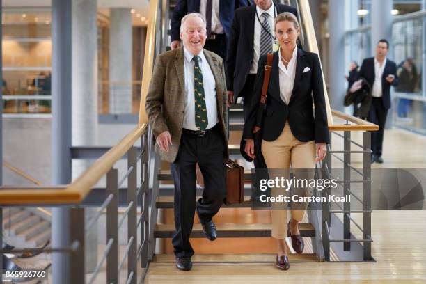 Co-leader of the AfD Bundestag faction Alice Weidel and Co-leader of the AfD Bundestag faction Alexander Gauland walk to the opening session of the...