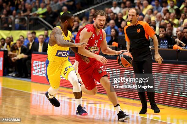 Janis Strelnieks, #13 of Olympiacos Piraeus competes with Pierre Jackson, #55 of Maccabi Fox Tel Aviv in action during the 2017/2018 Turkish Airlines...