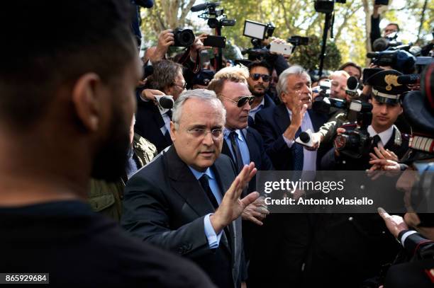 Lazio soccer team president, Claudio Lotito lays a wreath outside Rome's Synagogue on October 24, 2017 in Rome, Italy. Lazio Chairman Claudio Lotito...