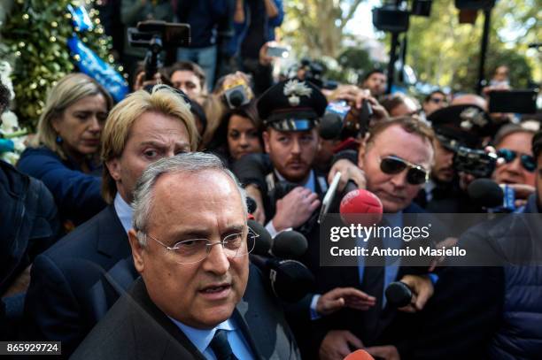 Lazio soccer team president, Claudio Lotito speaks with journalists outside Rome's Synagogue on October 24, 2017 in Rome, Italy. Lazio Chairman...