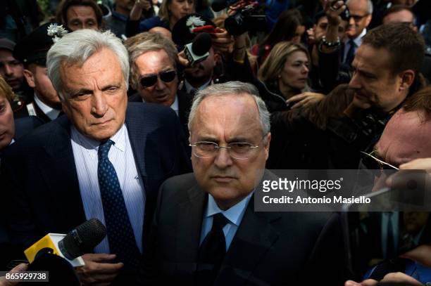 Lazio soccer team president, Claudio Lotito speaks with journalists outside Rome's Synagogue on October 24, 2017 in Rome, Italy. Lazio Chairman...