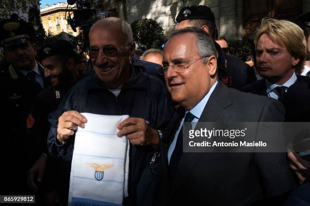 Lazio soccer team president, Claudio Lotito speaks with journalists outside Rome's Synagogue on October 24, 2017 in Rome, Italy. Lazio Chairman...
