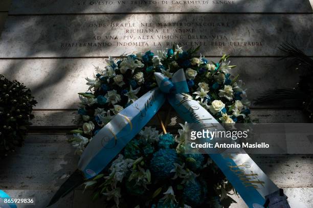 The wreath left by Lazio soccer team president, Claudio Lotito lies outside Rome's Synagogue on October 24, 2017 in Rome, Italy. Lazio Chairman...