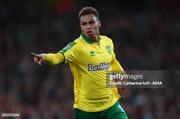 Josh Murphy of Norwich City celebrates after he scores to make it 0-1 during the Carabao Cup Fourth Round match between Arsenal and Norwich City at...