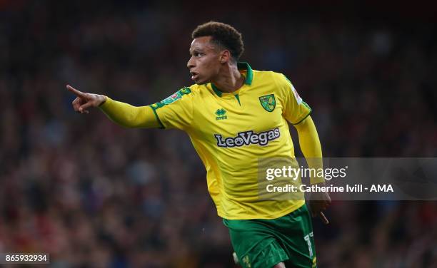 Josh Murphy of Norwich City celebrates after he scores to make it 0-1 during the Carabao Cup Fourth Round match between Arsenal and Norwich City at...