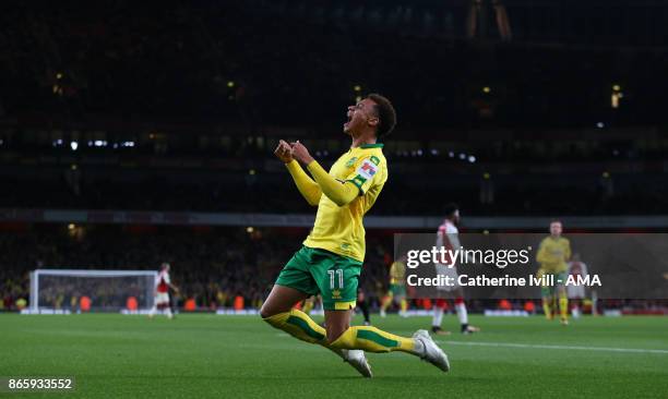 Josh Murphy of Norwich City celebrates after he scores to make it 0-1 during the Carabao Cup Fourth Round match between Arsenal and Norwich City at...