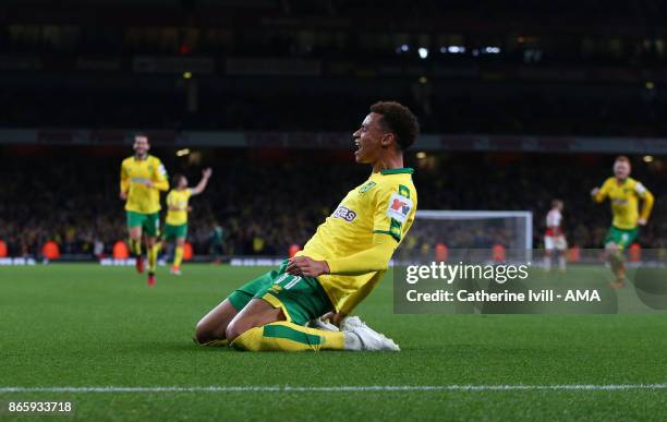 Josh Murphy of Norwich City celebrates after he scores to make it 0-1 during the Carabao Cup Fourth Round match between Arsenal and Norwich City at...