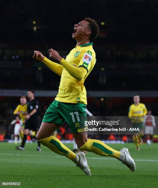 Josh Murphy of Norwich City celebrates after he scores to make it 0-1 during the Carabao Cup Fourth Round match between Arsenal and Norwich City at...
