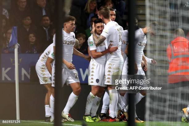 Leeds United's Spanish midfielder Pablo Hernandez celebrates with teammates after scoring the opening goal of the English League Cup fourth round...