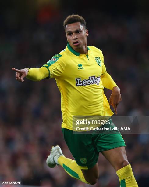 Josh Murphy of Norwich City celebrates after he scores to make it 0-1 during the Carabao Cup Fourth Round match between Arsenal and Norwich City at...