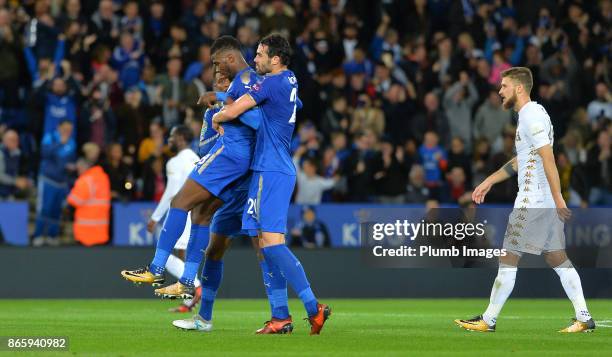 Kelechi Iheanacho of Leicester City celebrates with Vicente Iborra of Leicester City after scoring from outside the box to make it 1-1 during the...