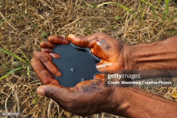 a man holds a pool of black oil in the palm of his hands - ナイジェリア ストックフォトと画像