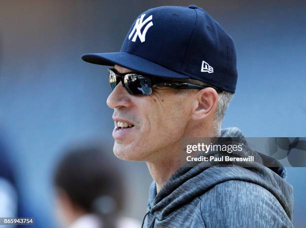 Manager Joe Girardi of the New York Yankees watches batting practice before game 5 of the American League Championship Series against the Houston...