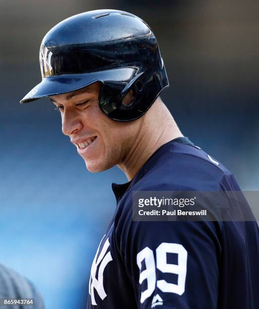 Aaron Judge of the New York Yankees smiles at batting practice before game 5 of the American League Championship Series against the Houston Astros on...