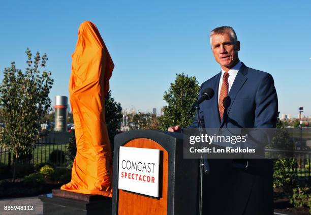 Philadelphia Flyers President Paul Holmgren speaks during an afternoon ceremony where a statue of the late Philadelphia Flyers Owner and Founder Ed...