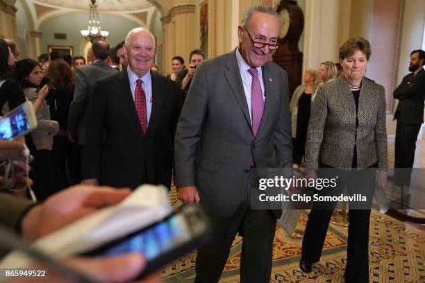 Sen. Ben Cardin , Senate Minority Leader Chuck Schumer and Sen. Jeanne Shaheen address reporters folling the weekly Democratic policy luncheon at the...